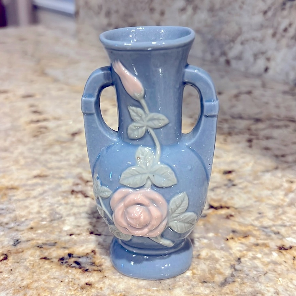 Vintage Occupied Japan Periwinkle Blue Bud Vase Embossed Hand Painted Rose 1930s